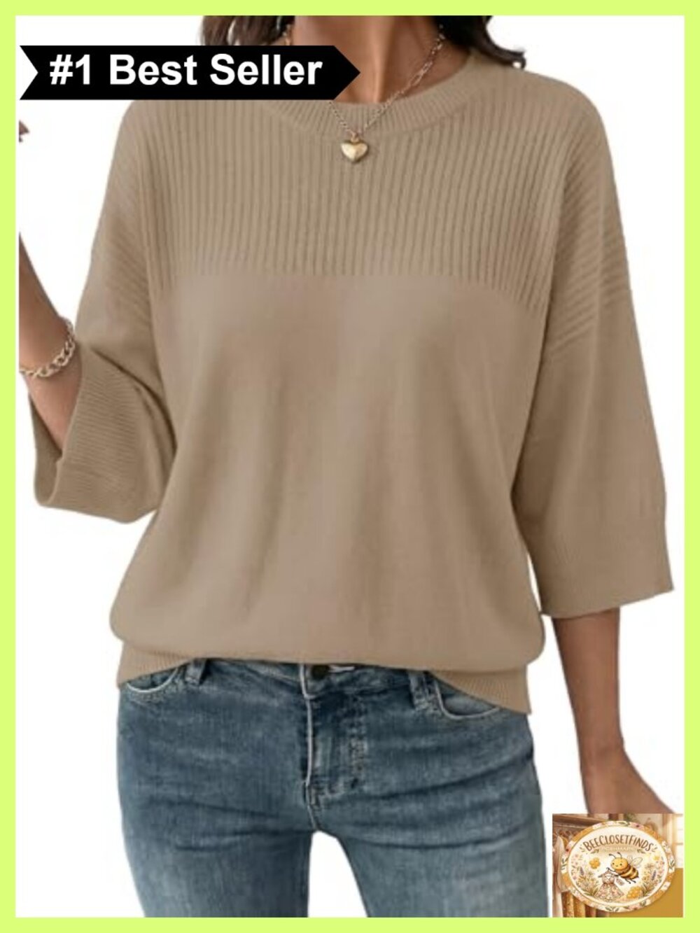 Womens 3/4 Sleeve Knit Sweater Cropped Lightweight Pullover
